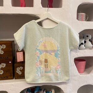 Retro Light Blue Cottage Core Short Sleeve Pastel Knit Sweater Handmade